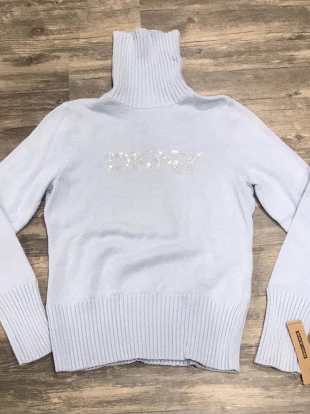 DKNY Pale Blue Ribbed Turtleneck Sweater with Crystal Logo